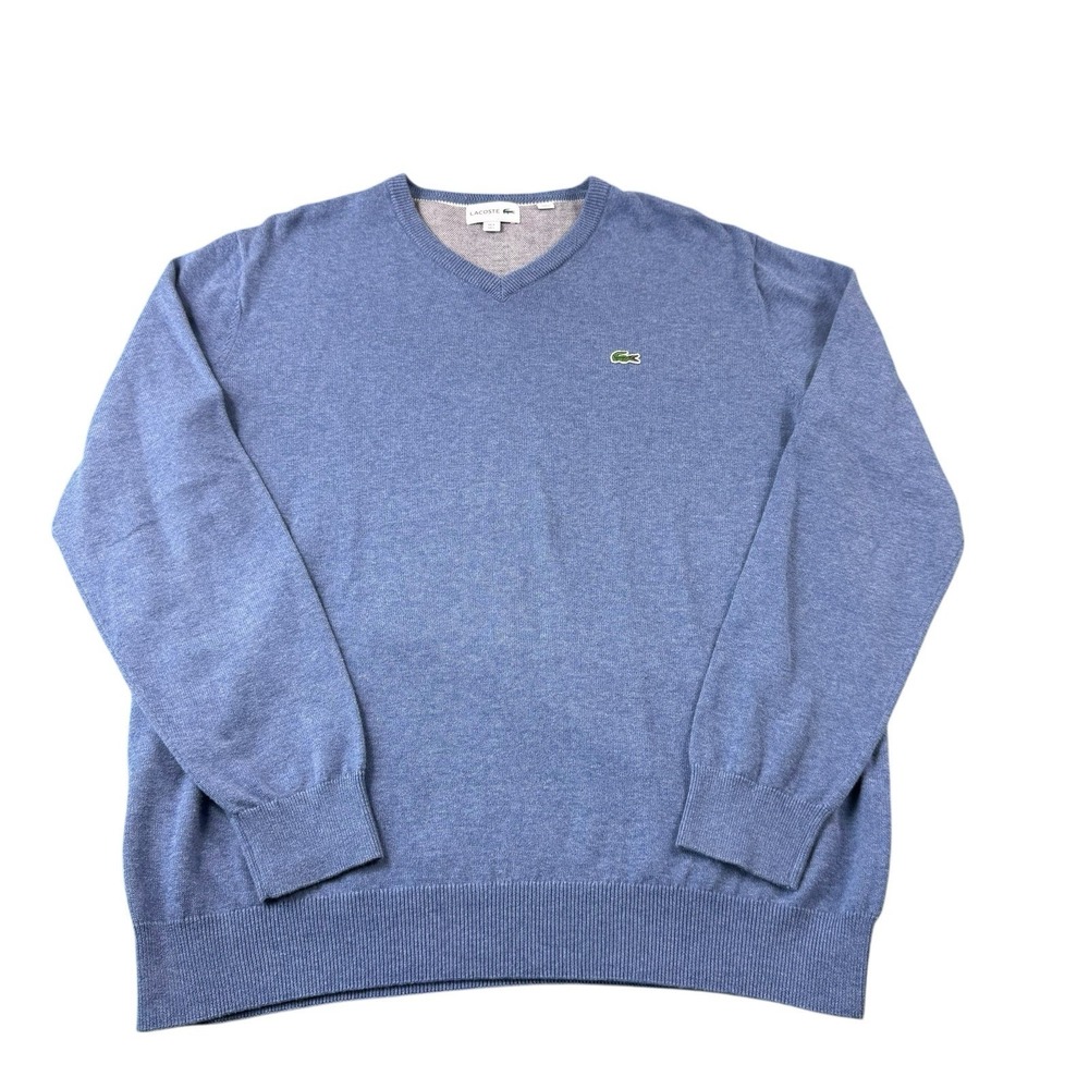 Lacoste Blue Cotton V Neck Pullover Sweater Mens Large Logo Knit